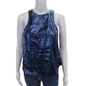 Lanhtropy Womens Basic Sleeveless Tank Blue Linen Foil Button Round Neck Size S
